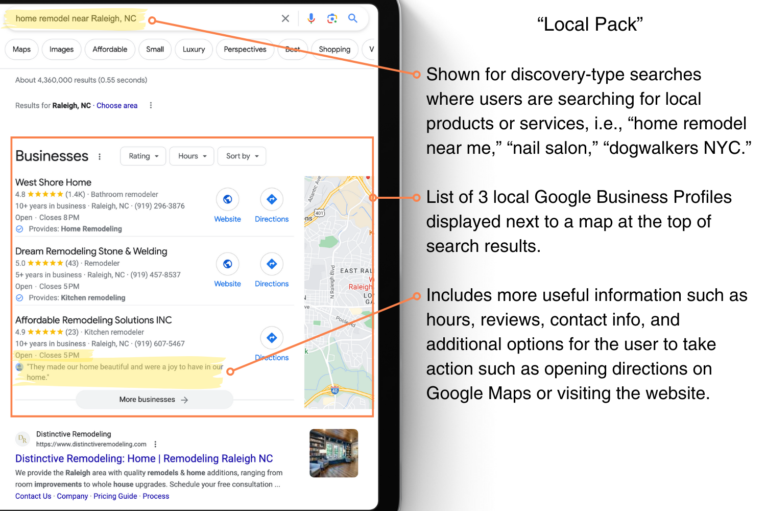 A screenshot of Google web results displaying the three local Google Business Profiles in the Local Pack at the top of the results