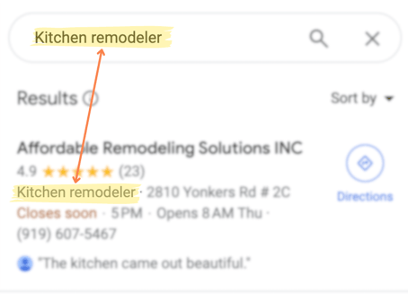 Screenshot of Google Result showing the matching "Kitchen remodeler" query and primary category.